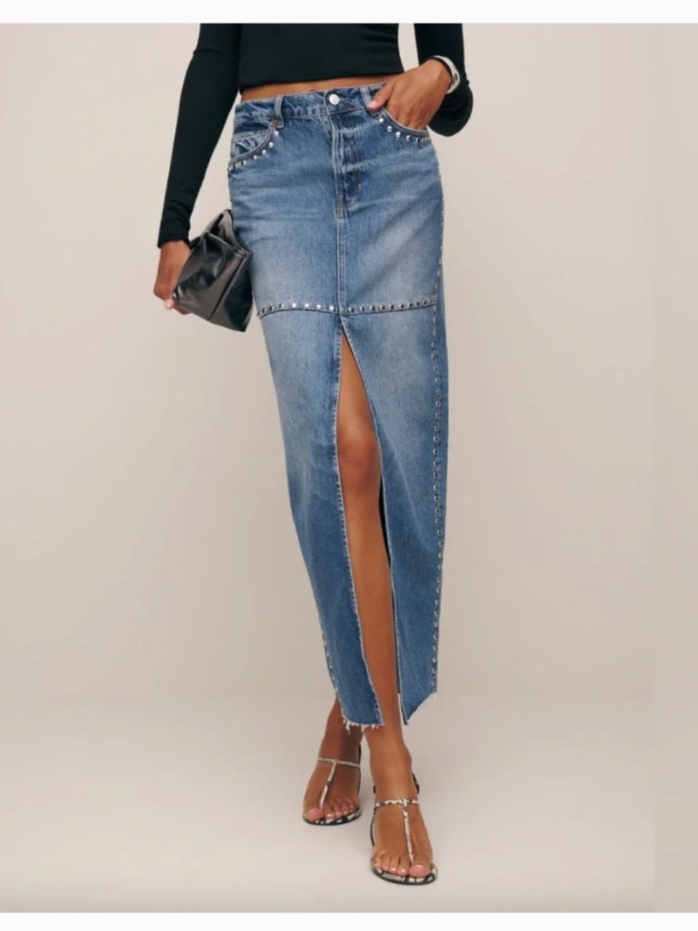 Reformation Blue Studded Denim Maxi Skirt with Front Slit